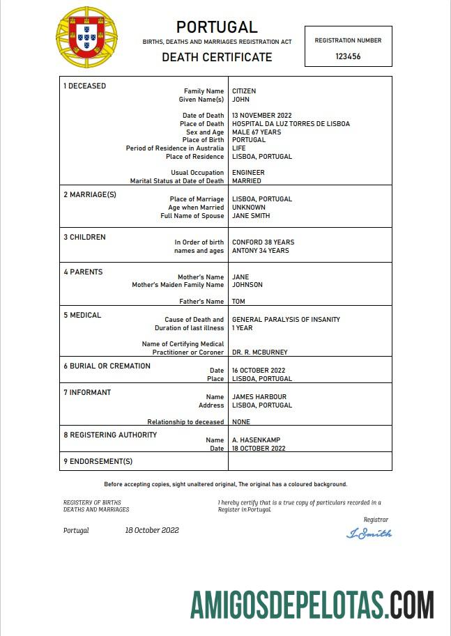 Em branco modelo Word e PDF de certidão de óbito de Portugal